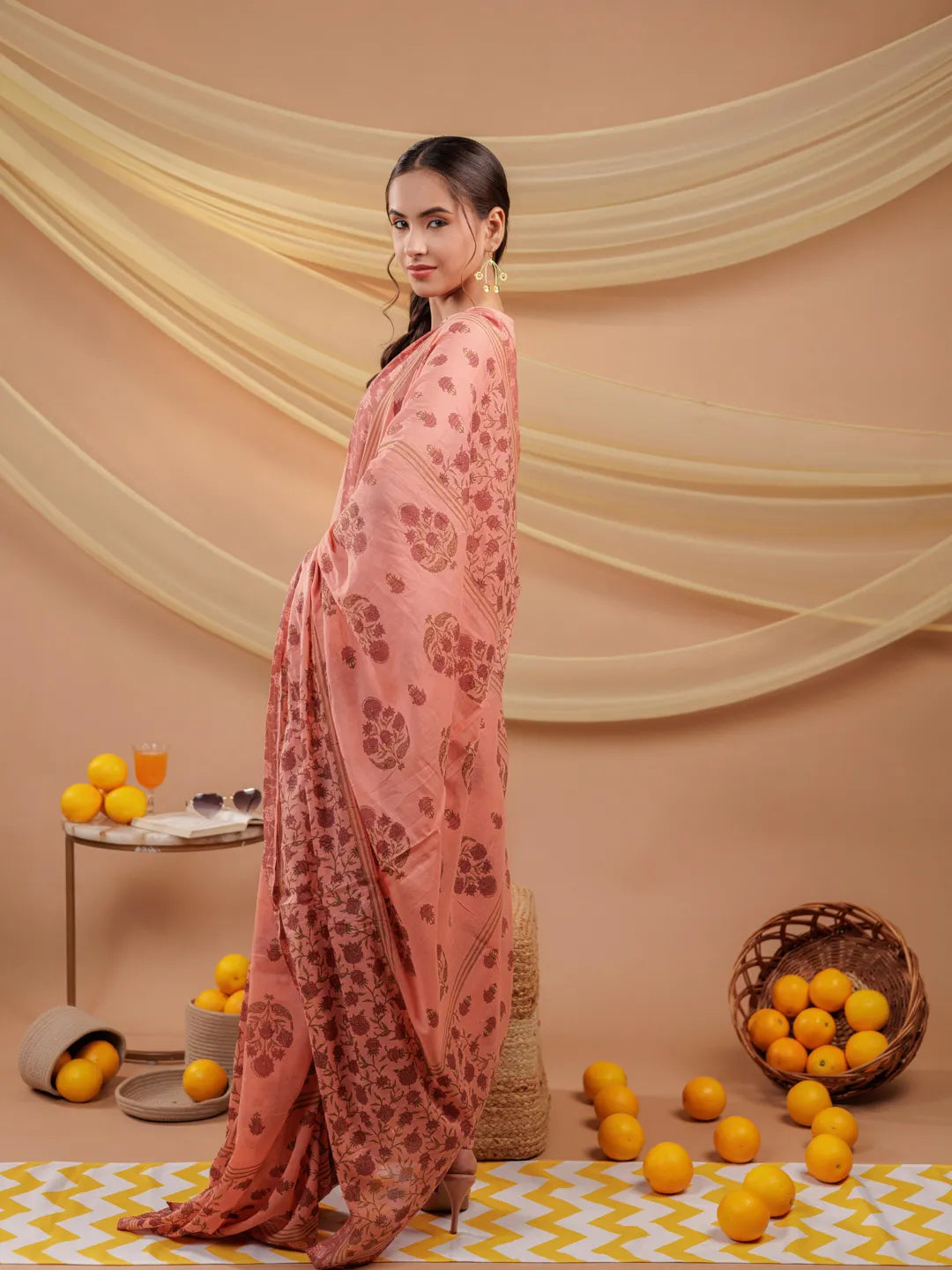 Peach Floral Print Pure Cotton A Line Kurta Dupatta Set