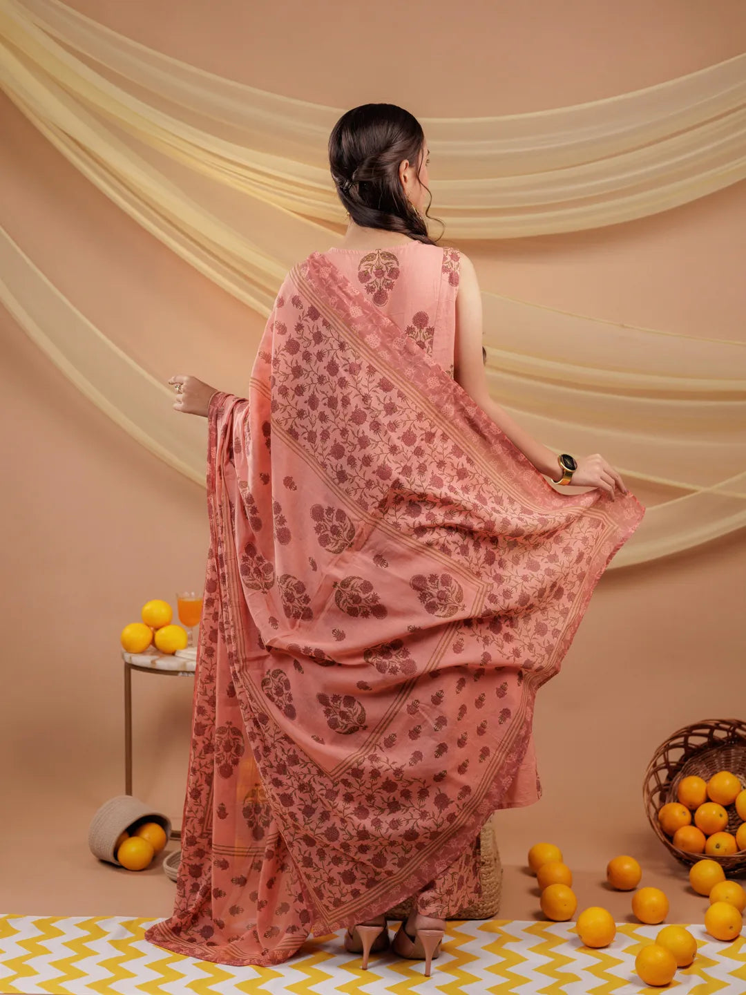 Peach Floral Print Pure Cotton A Line Kurta Dupatta Set