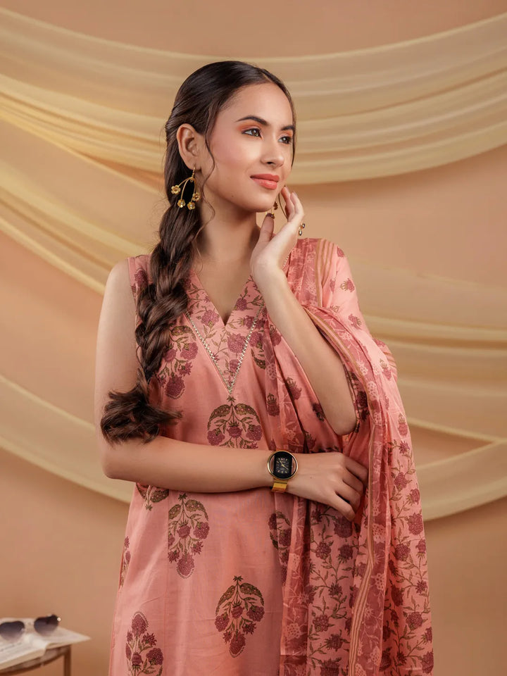Peach Floral Print Pure Cotton A Line Kurta Dupatta Set
