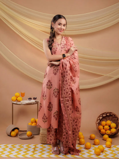 Peach Floral Print Pure Cotton A Line Kurta Dupatta Set