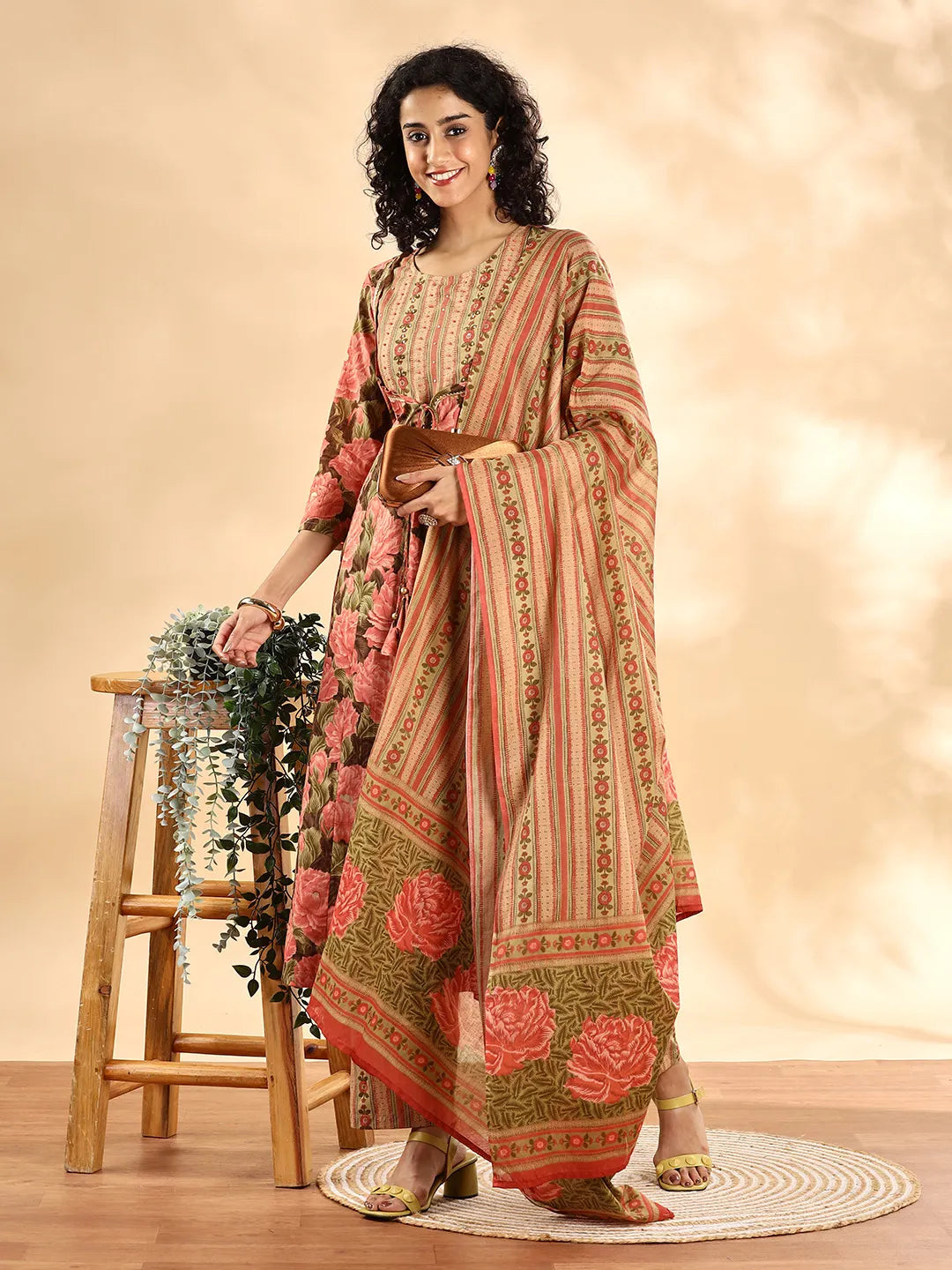 Peach Floral Print Sequins Work Anarkali Kurta And Trouser With Dupatta Set