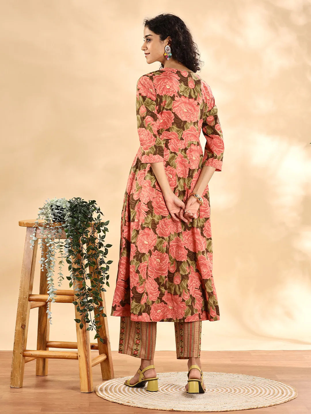 Peach Floral Print Sequins Work Anarkali Kurta And Trouser With Dupatta Set