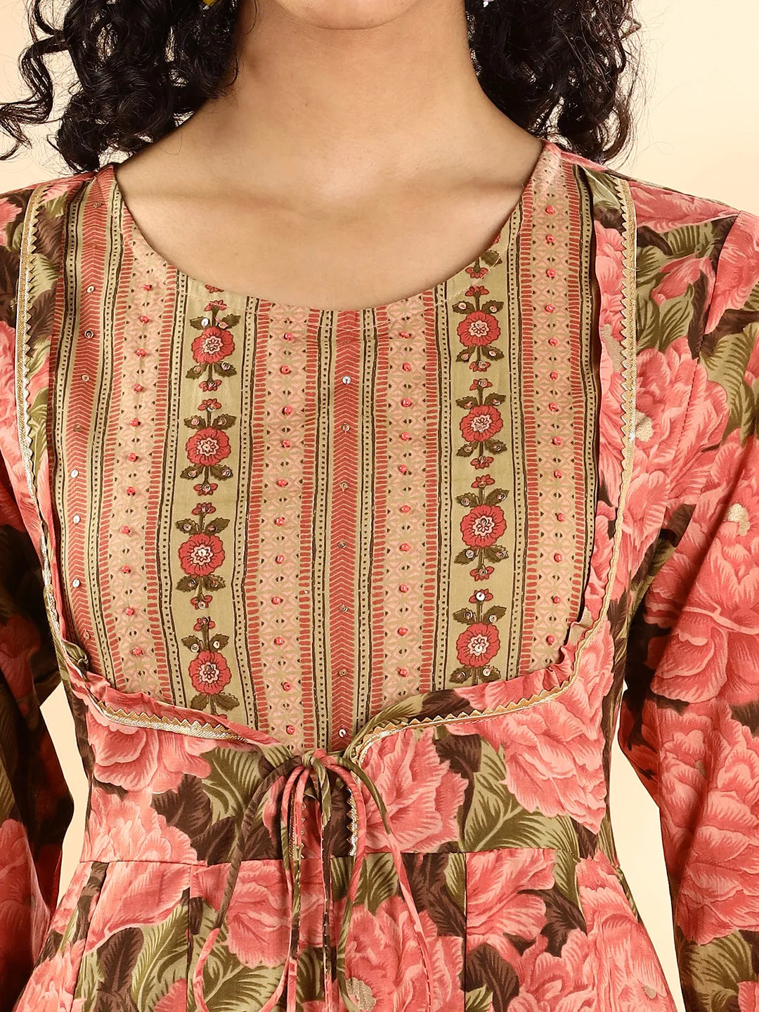 Peach Floral Print Sequins Work Anarkali Kurta And Trouser With Dupatta Set