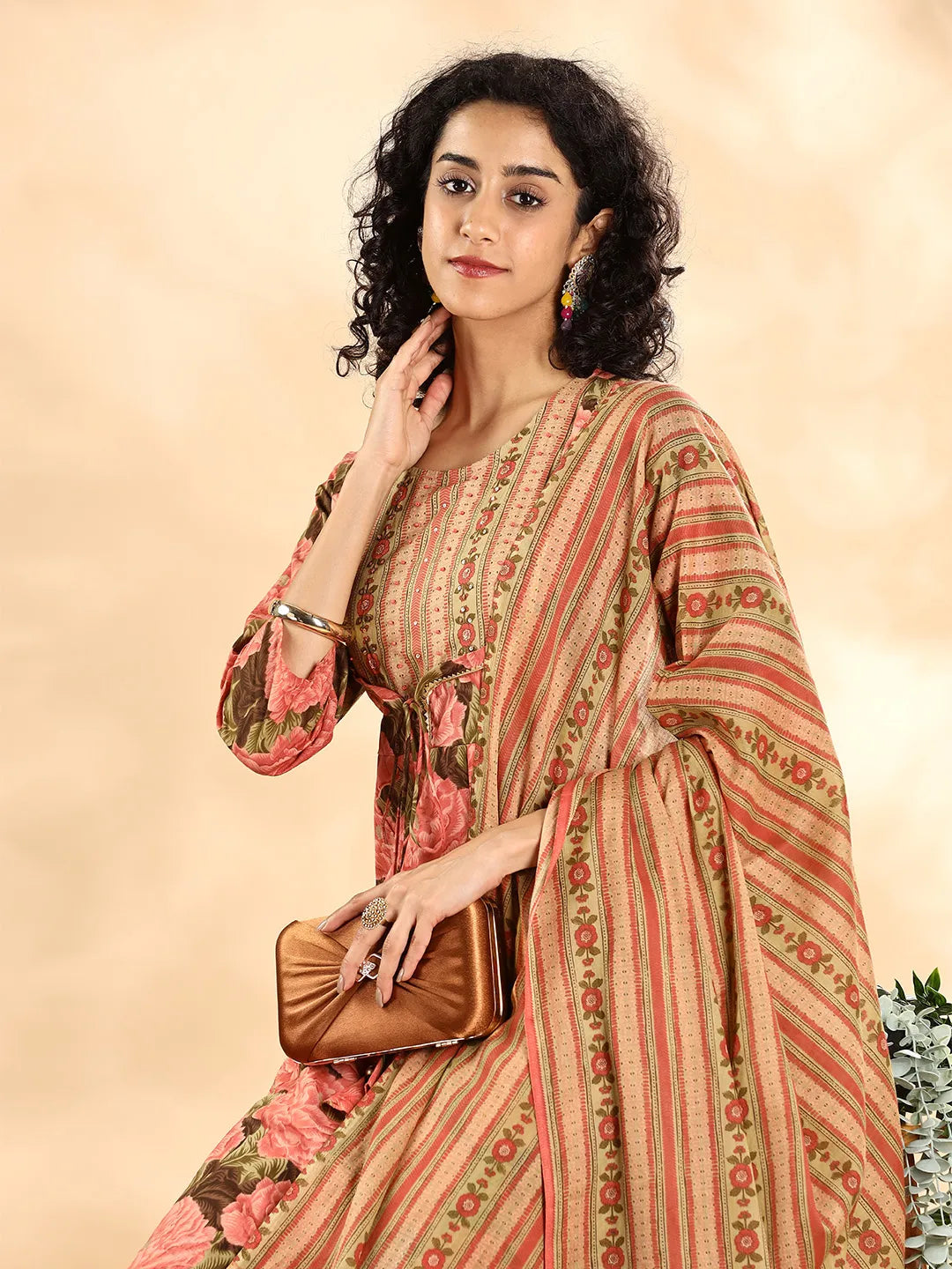Peach Floral Print Sequins Work Anarkali Kurta And Trouser With Dupatta Set