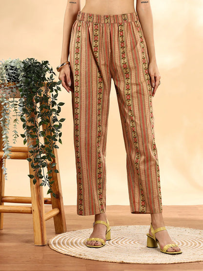 Peach Floral Print Sequins Work Anarkali Kurta And Trouser With Dupatta Set