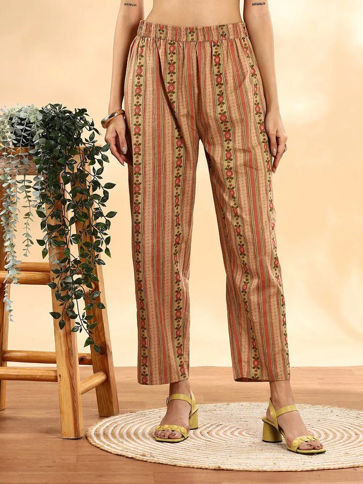 Peach Floral Print Sequins Work Anarkali Kurta And Trouser With Dupatta Set