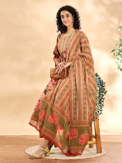 Peach Floral Print Sequins Work Anarkali Kurta And Trouser With Dupatta Set