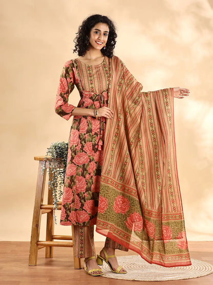 Peach Floral Print Sequins Work Anarkali Kurta And Trouser With Dupatta Set