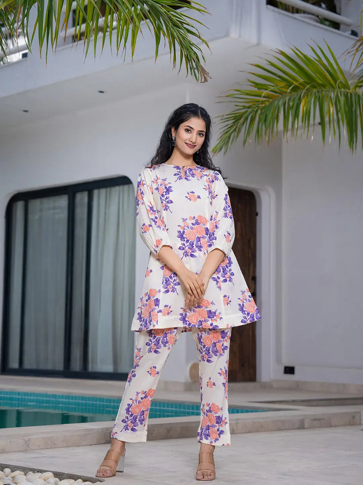 Peach Floral Print Top And Trouser Co Ord Set