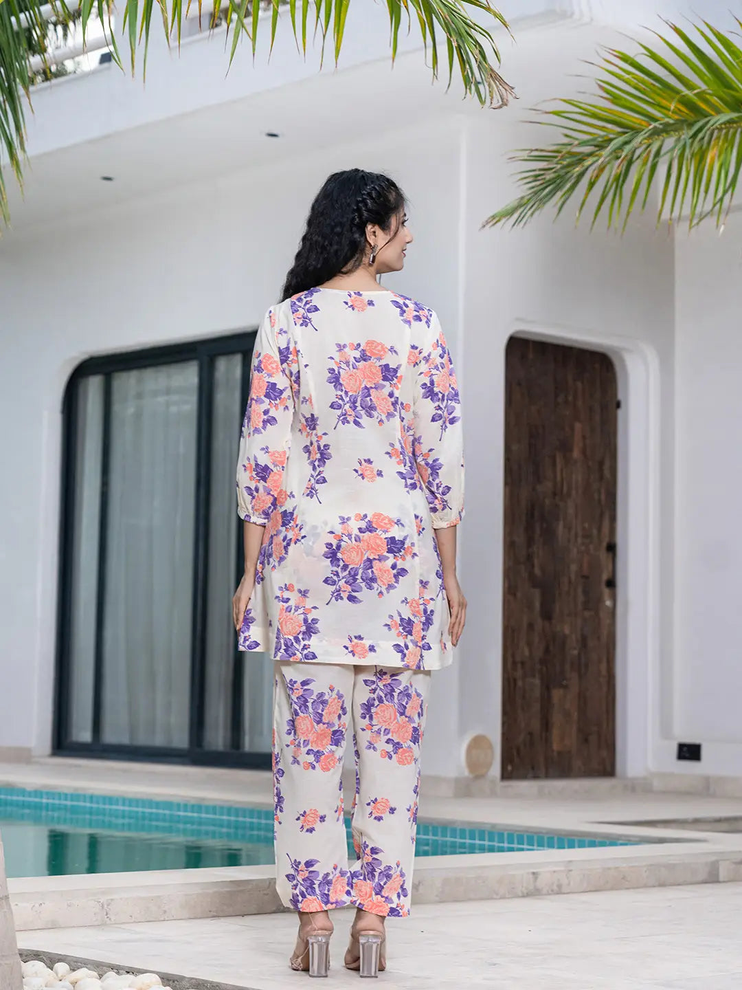 Peach Floral Print Top And Trouser Co Ord Set
