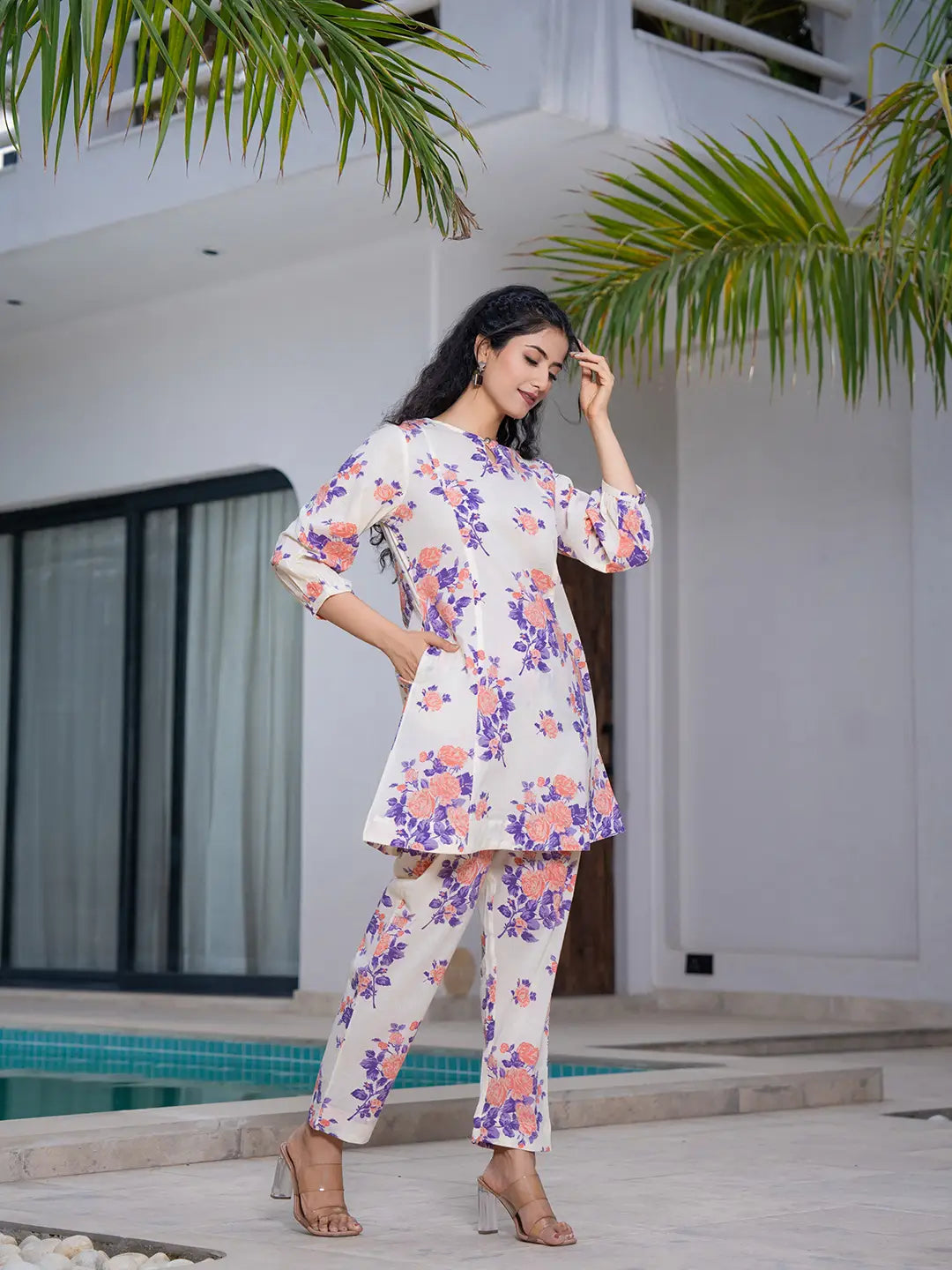 Peach Floral Print Top And Trouser Co Ord Set