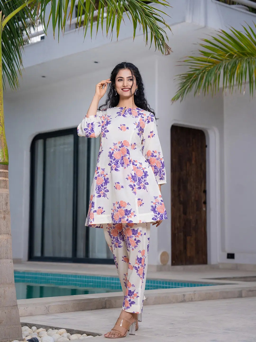 Peach Floral Print Top And Trouser Co Ord Set