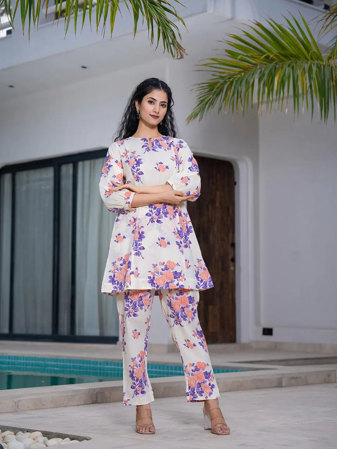 Peach Floral Print Top And Trouser Co Ord Set