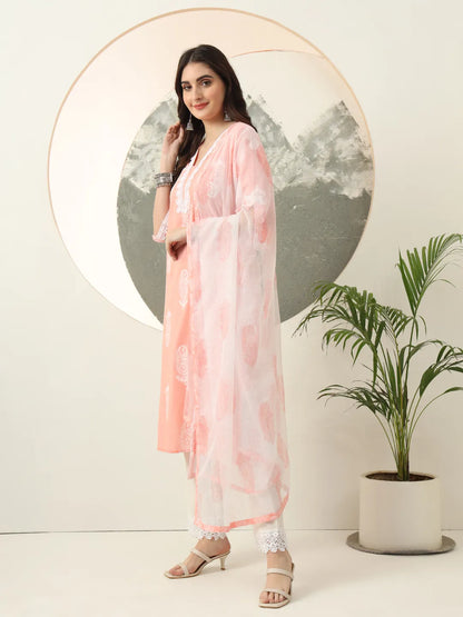 Peach Paisley Lace Work Straight Kurta Trouser Dupatta Set