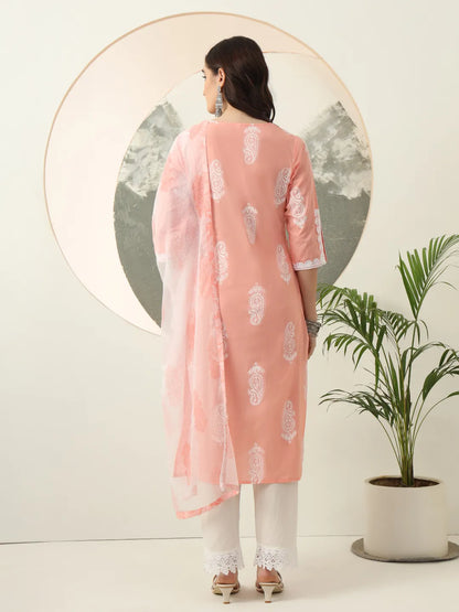 Peach Paisley Lace Work Straight Kurta Trouser Dupatta Set