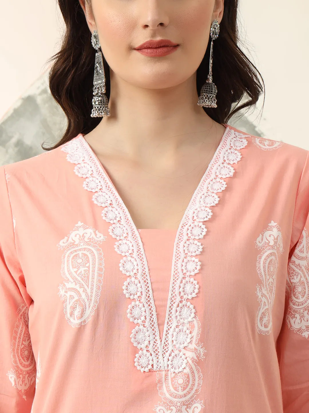 Peach Paisley Lace Work Straight Kurta Trouser Dupatta Set