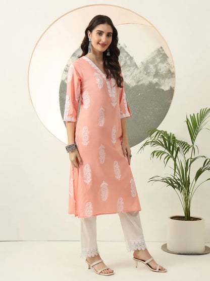 Peach Paisley Lace Work Straight Kurta Trouser Dupatta Set