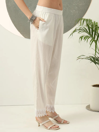 Peach Paisley Lace Work Straight Kurta Trouser Dupatta Set