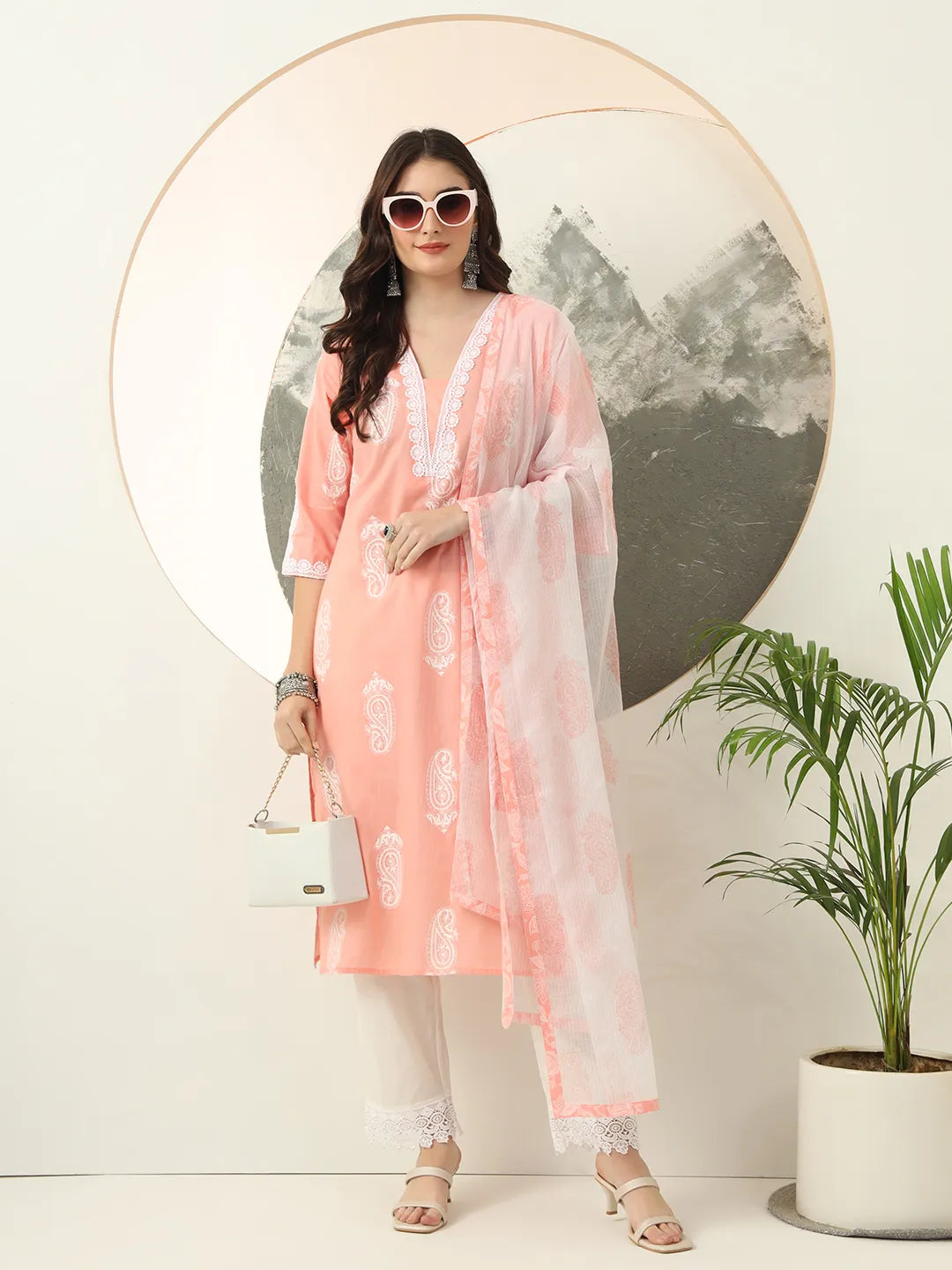 Peach Paisley Lace Work Straight Kurta Trouser Dupatta Set