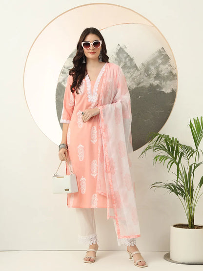 Peach Paisley Lace Work Straight Kurta Trouser Dupatta Set