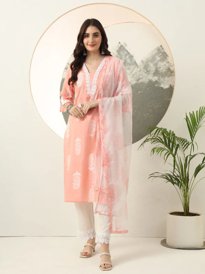 Peach Paisley Lace Work Straight Kurta Trouser Dupatta Set