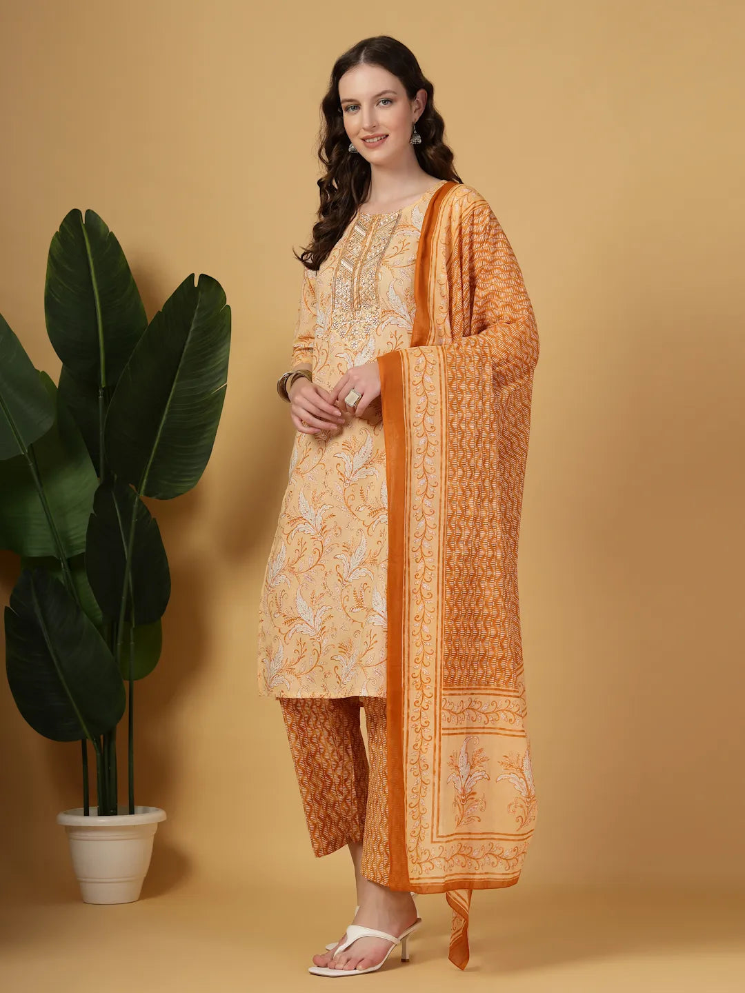 Peach Pure Cotton Kurta Dupatta Pant Set