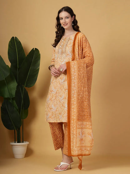Peach Pure Cotton Kurta Dupatta Pant Set