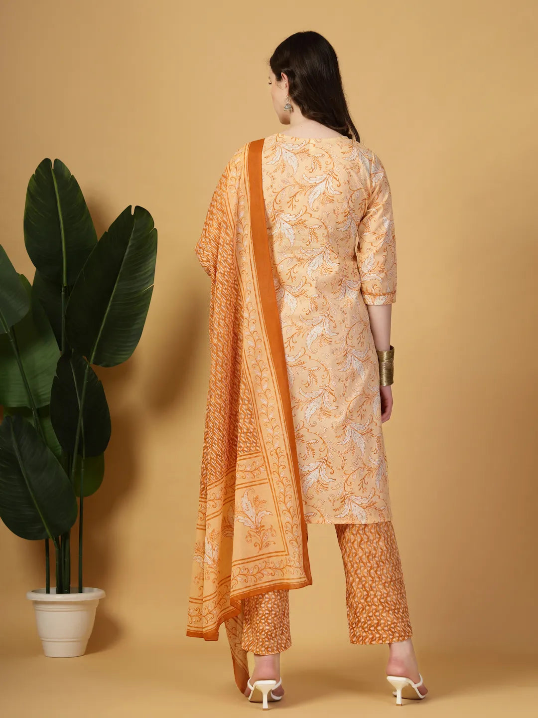 Peach Pure Cotton Kurta Dupatta Pant Set