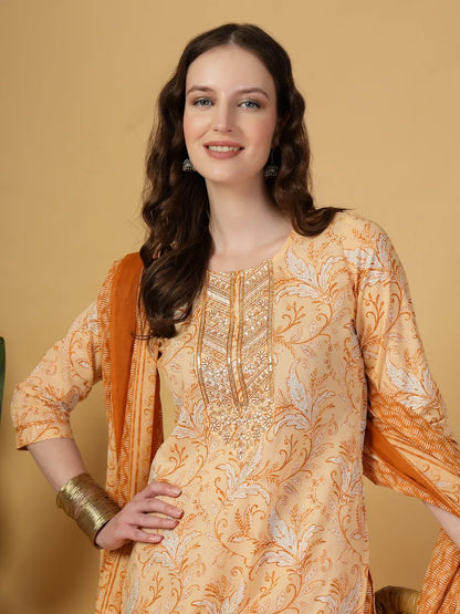 Peach Pure Cotton Kurta Dupatta Pant Set