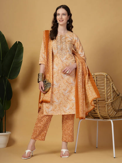 Peach Pure Cotton Kurta Dupatta Pant Set