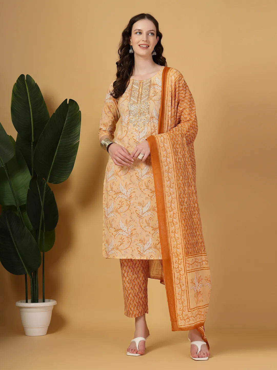 Peach Pure Cotton Kurta Dupatta Pant Set
