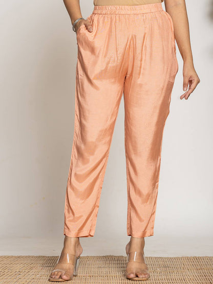 Peach Pure Crepe Placement Print Kurta Dupatta Set