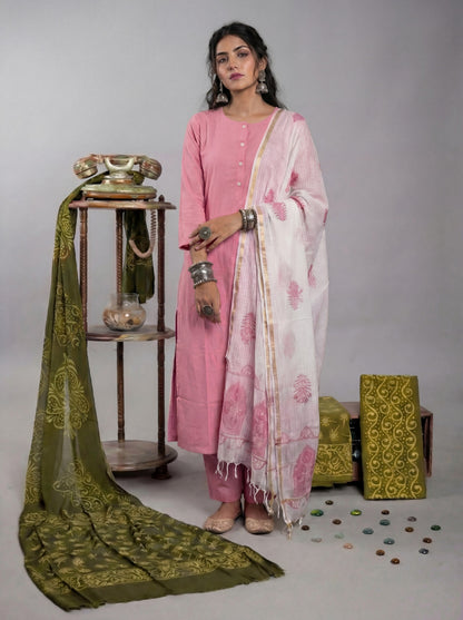 Silk Blend Straight Kurta Pant With Handblock Print Kota Doriya Dupatta Set