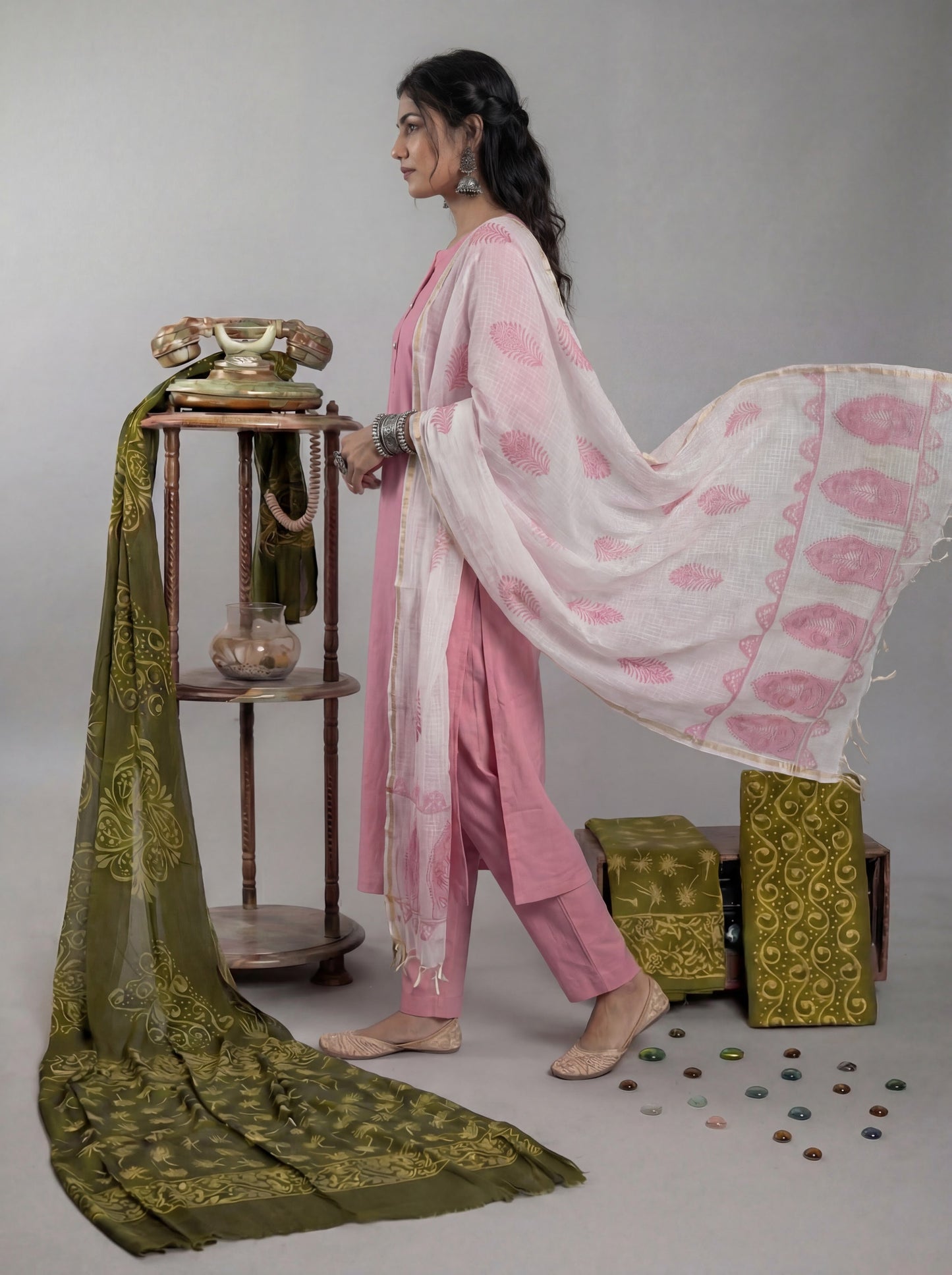 Silk Blend Straight Kurta Pant With Handblock Print Kota Doriya Dupatta Set
