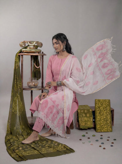 Silk Blend Straight Kurta Pant With Handblock Print Kota Doriya Dupatta Set