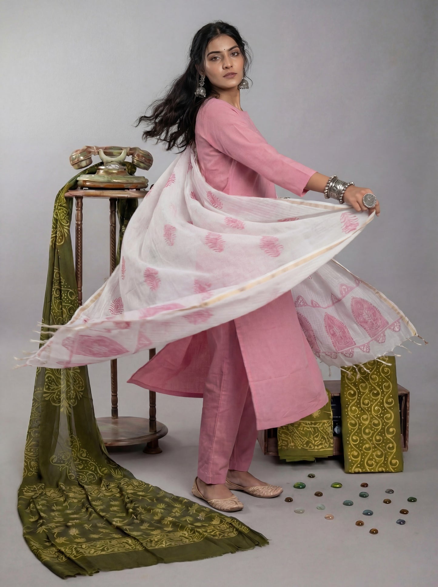 Silk Blend Straight Kurta Pant With Handblock Print Kota Doriya Dupatta Set