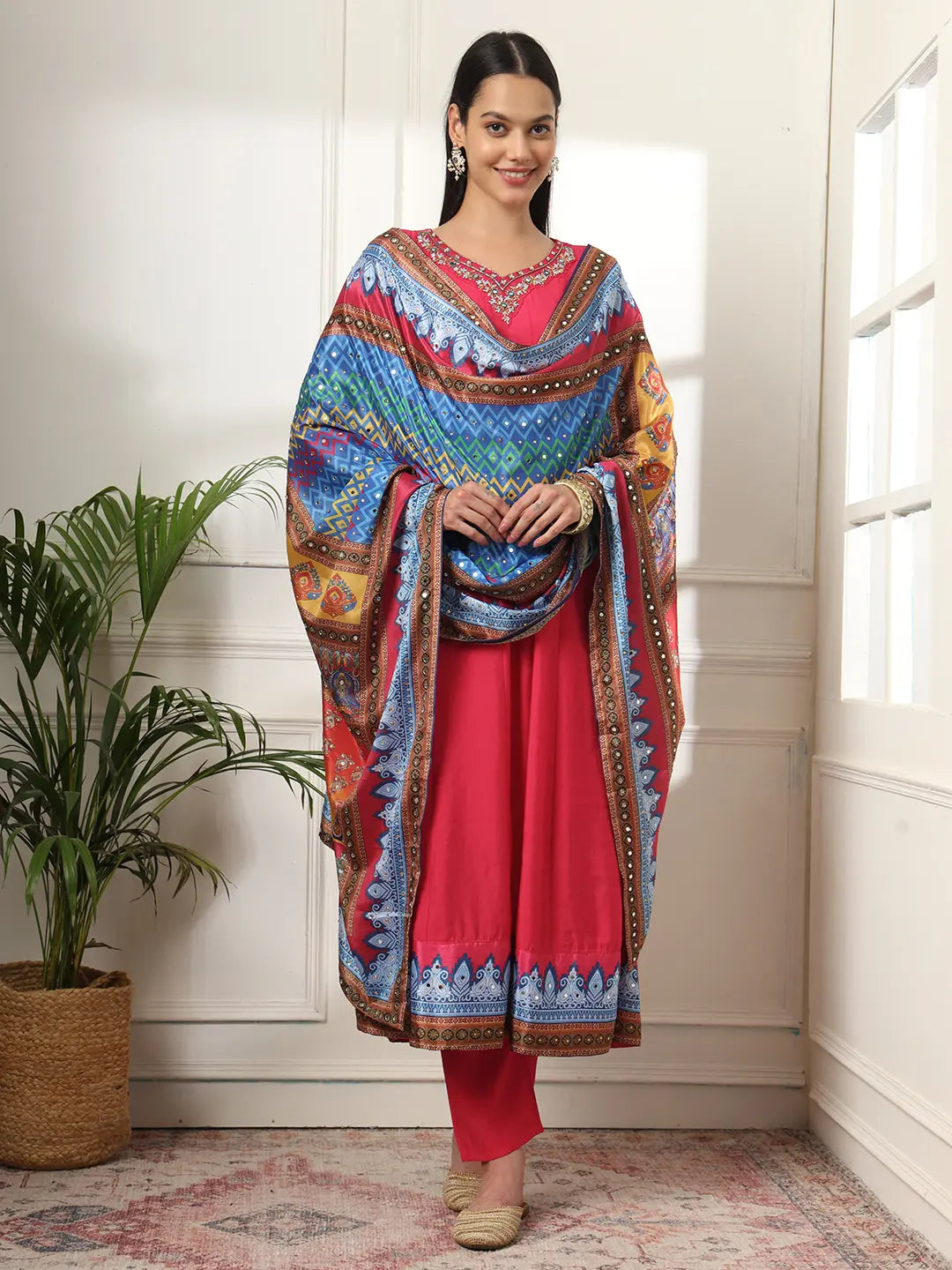 Pink Anarkali Silk Blend Kurta Set With Pant And Dupatta With Cotton Lining