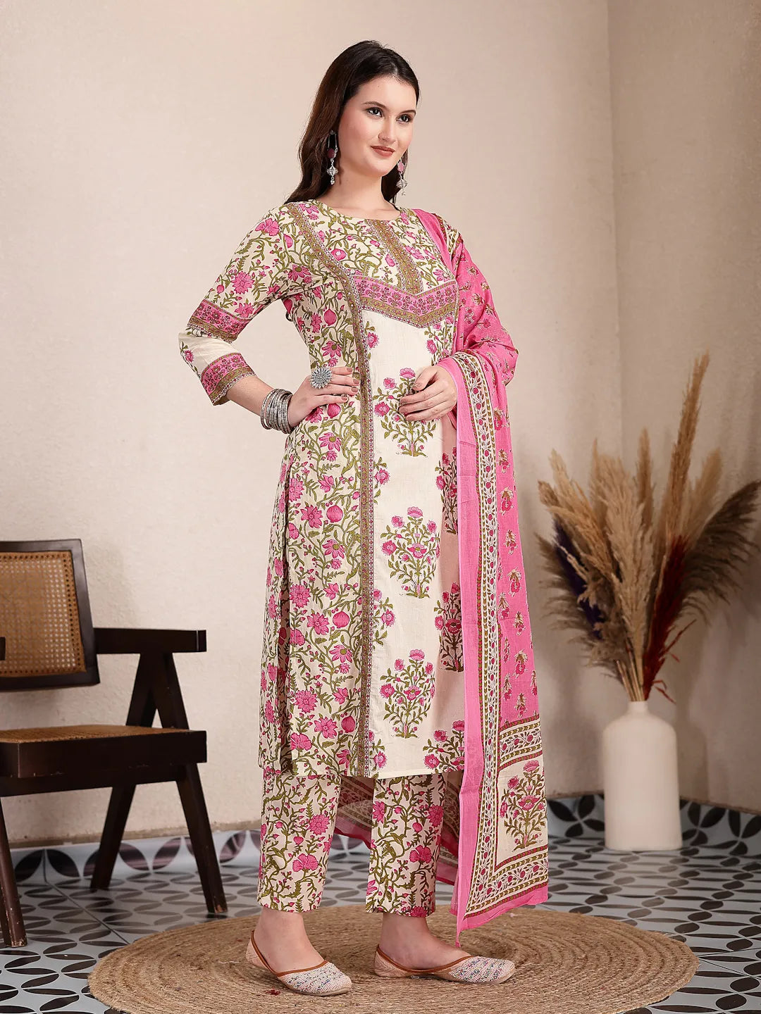 Pink And Beige Pure Cotton Floral Sequins Work Kurta Dupatta Set