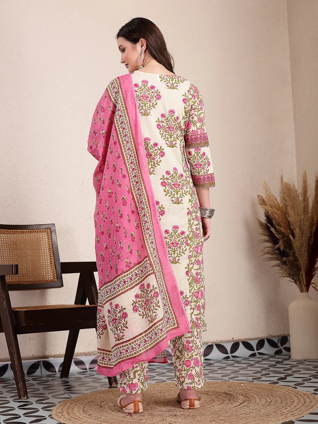Pink And Beige Pure Cotton Floral Sequins Work Kurta Dupatta Set