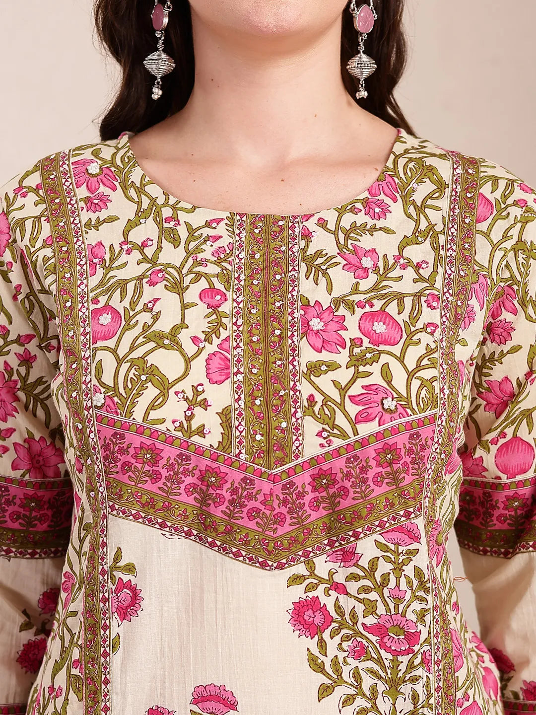 Pink And Beige Pure Cotton Floral Sequins Work Kurta Dupatta Set