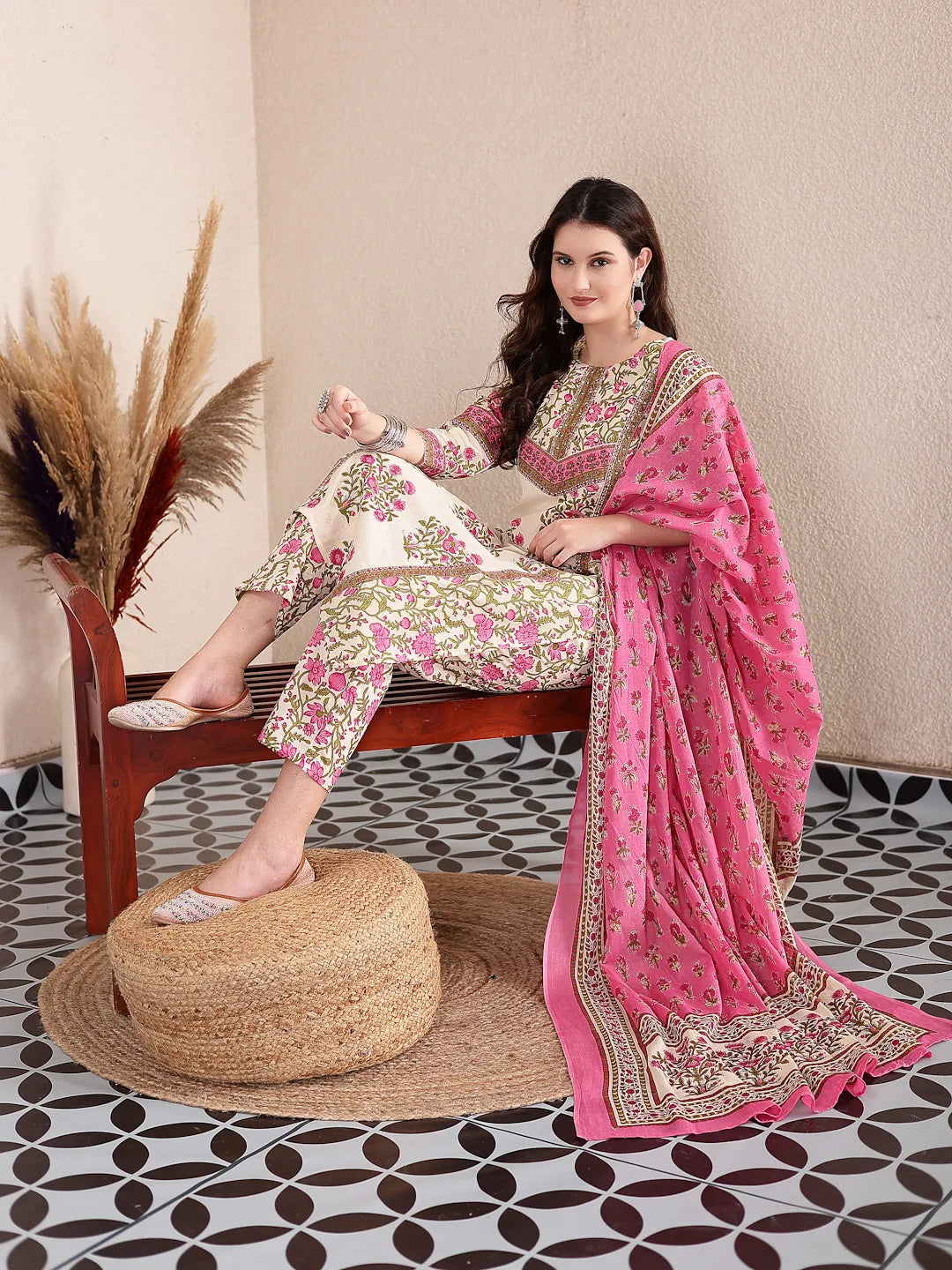 Pink And Beige Pure Cotton Floral Sequins Work Kurta Dupatta Set