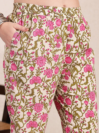 Pink And Beige Pure Cotton Floral Sequins Work Kurta Dupatta Set