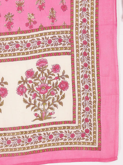 Pink And Beige Pure Cotton Floral Sequins Work Kurta Dupatta Set