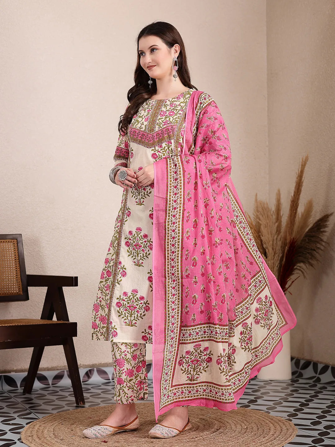 Pink And Beige Pure Cotton Floral Sequins Work Kurta Dupatta Set