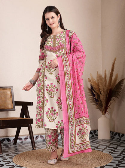 Pink And Beige Pure Cotton Floral Sequins Work Kurta Dupatta Set