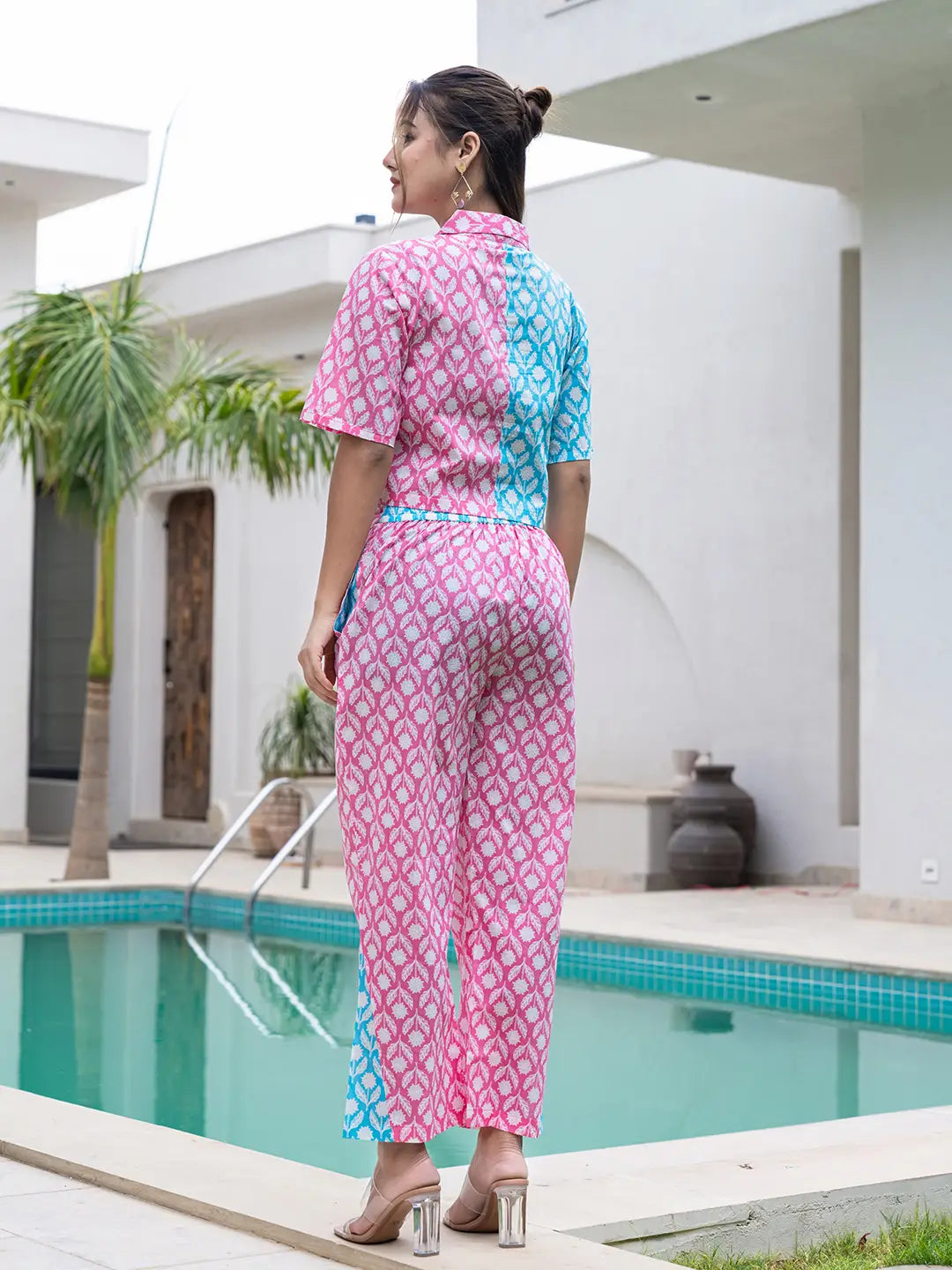 Pink And Blue Crop Top And Trouser Co Ord Set