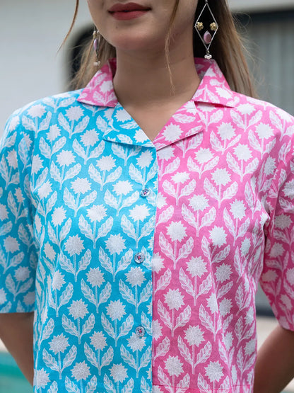 Pink And Blue Crop Top And Trouser Co Ord Set