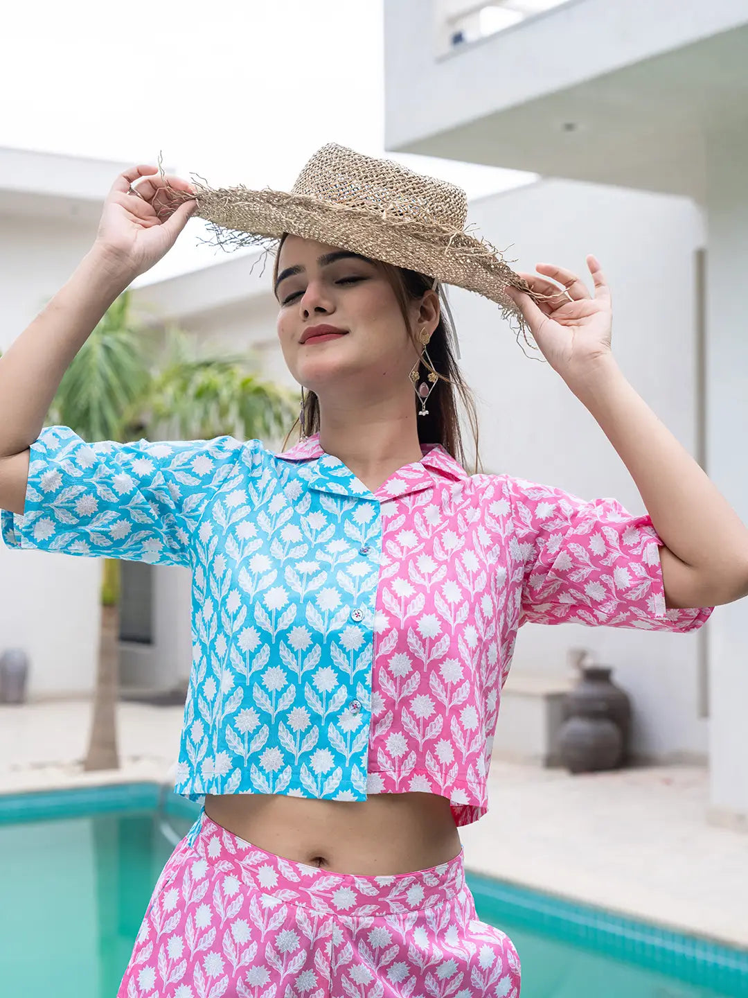 Pink And Blue Crop Top And Trouser Co Ord Set