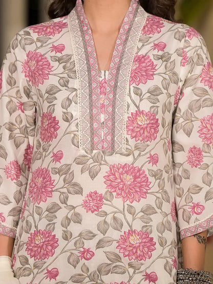 Pink And Off White Floral Print Cotton Straight Style Kurta And Trousers With Dupatta