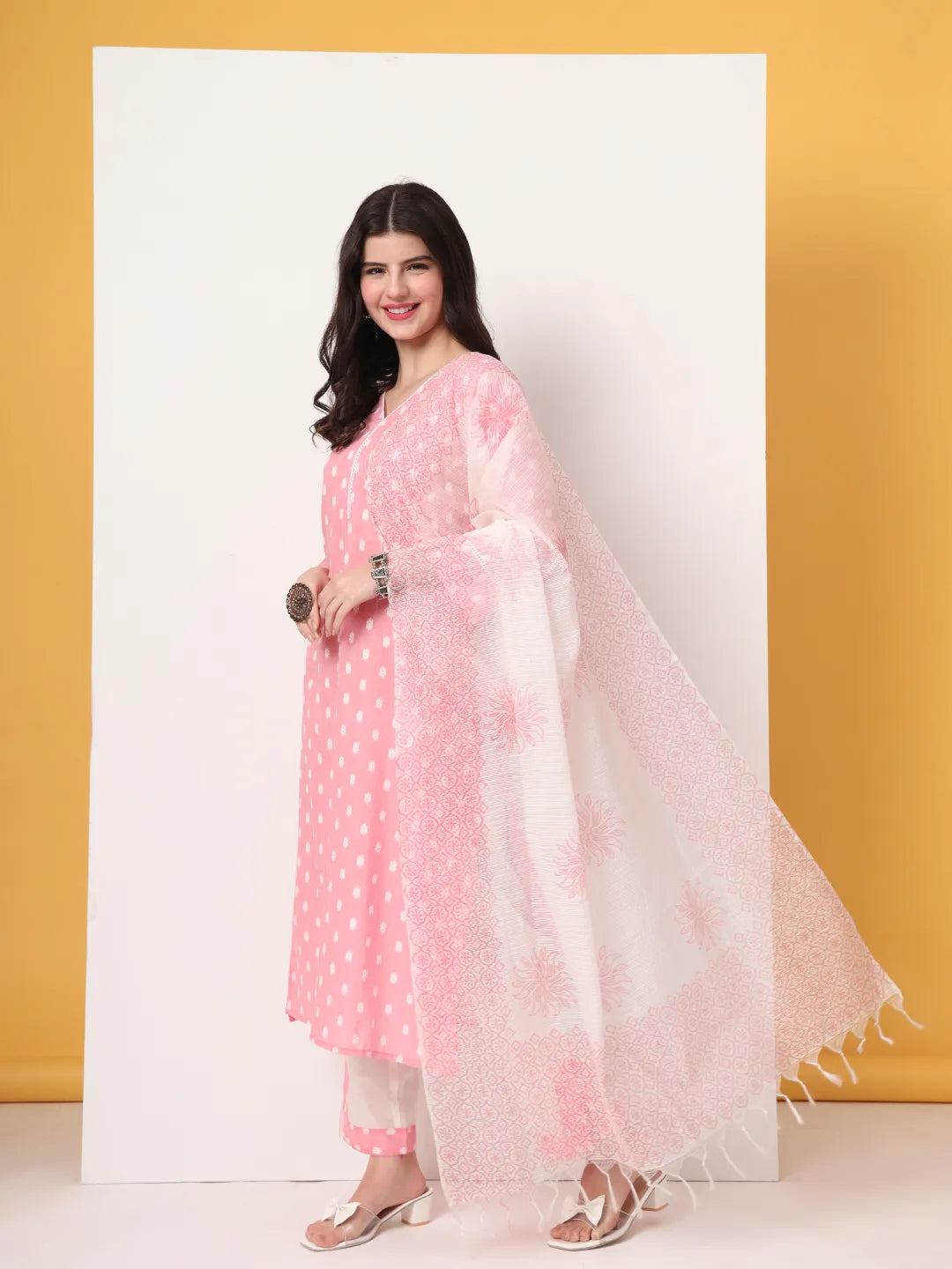 Pink And White Cotton Straight Kurta Dupatta Set